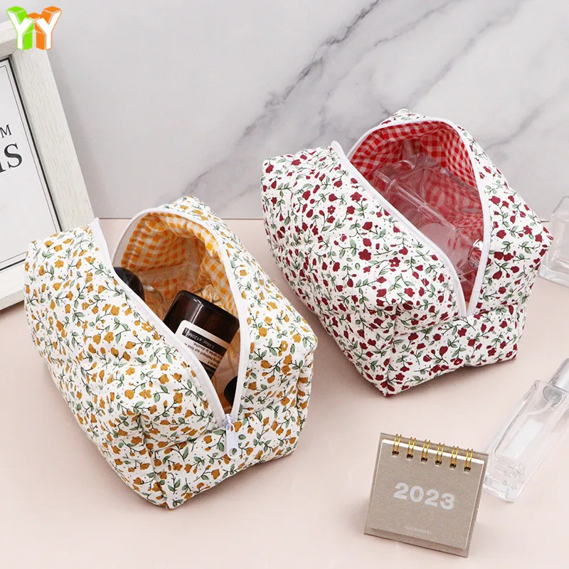 RTS Floral Terry Cloth Towel Cosmetic Bag Women Makeup Brush Bag Cherry Travel Storage Bag