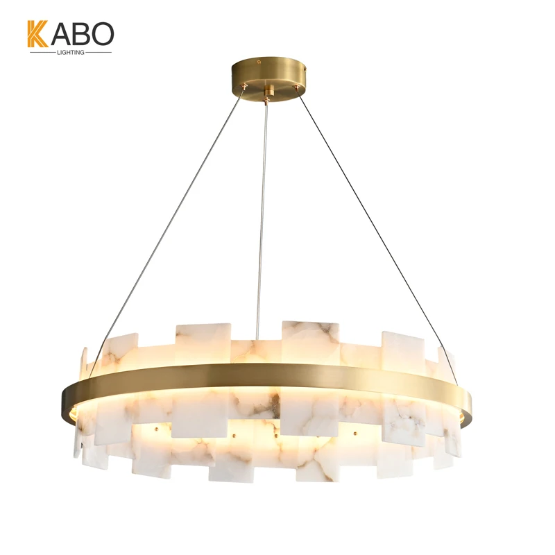 Nordic Natural Alabaster Luxury Living Room Chandelier Modern Simple Dining Room Villa Copper Rectangular Led Chandelier