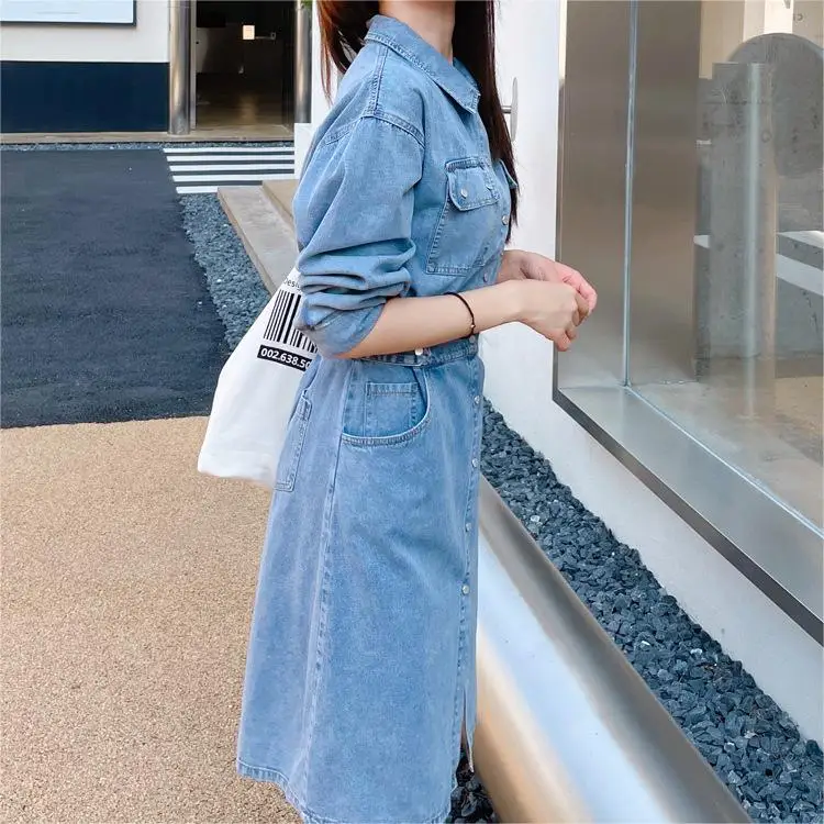 OEM Casual Long Sleeve Solid Turn Down Collar Knee Length Summer New Single Breasted Cotton Denim Shirt Dress Women With Pockets