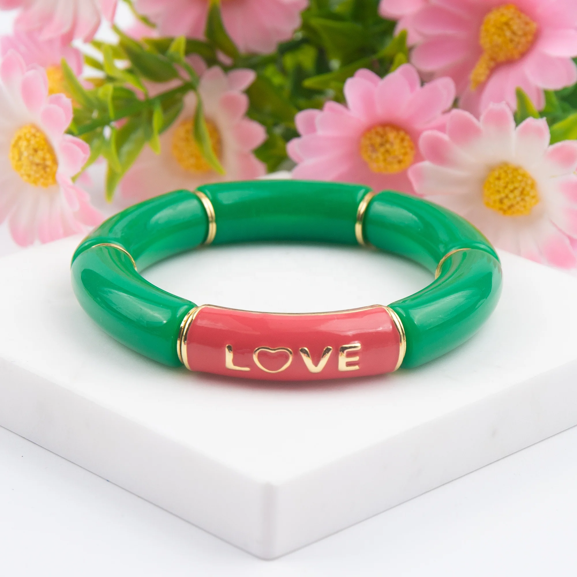 Rainbow Colorful Enamel Words Love Heart Beads Bracelets Bangles For Girls