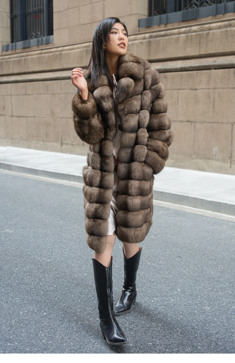 Sable Russia Winter Warm Mid Length Style Large Lapel Real Mink Fur Coat Pocket Oversize Trench Coats Real Sable Fur Coat