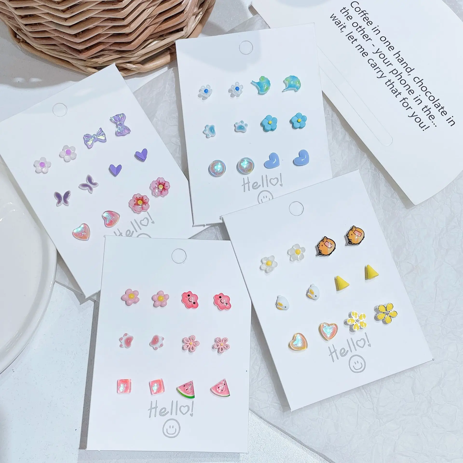 DAIHE S925 Silver Needle Candy Color Cute Heart Flower Ceramics Stud Earrings Delicate Clay Earrings Set for Women Girls