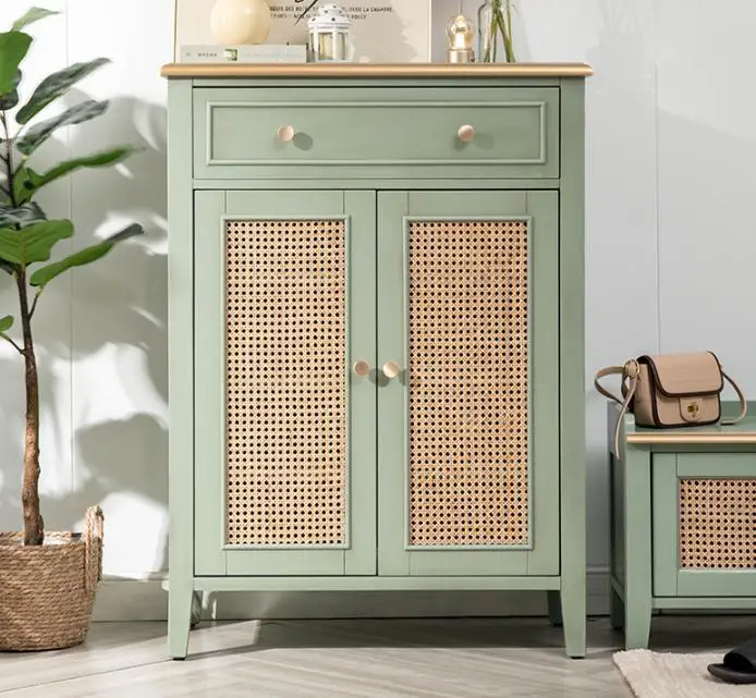 American Style Do Old Green Retro Rattan Door Porch Cabinet Storage Cabinet Modern Shoe Cabinet Solid Wood
