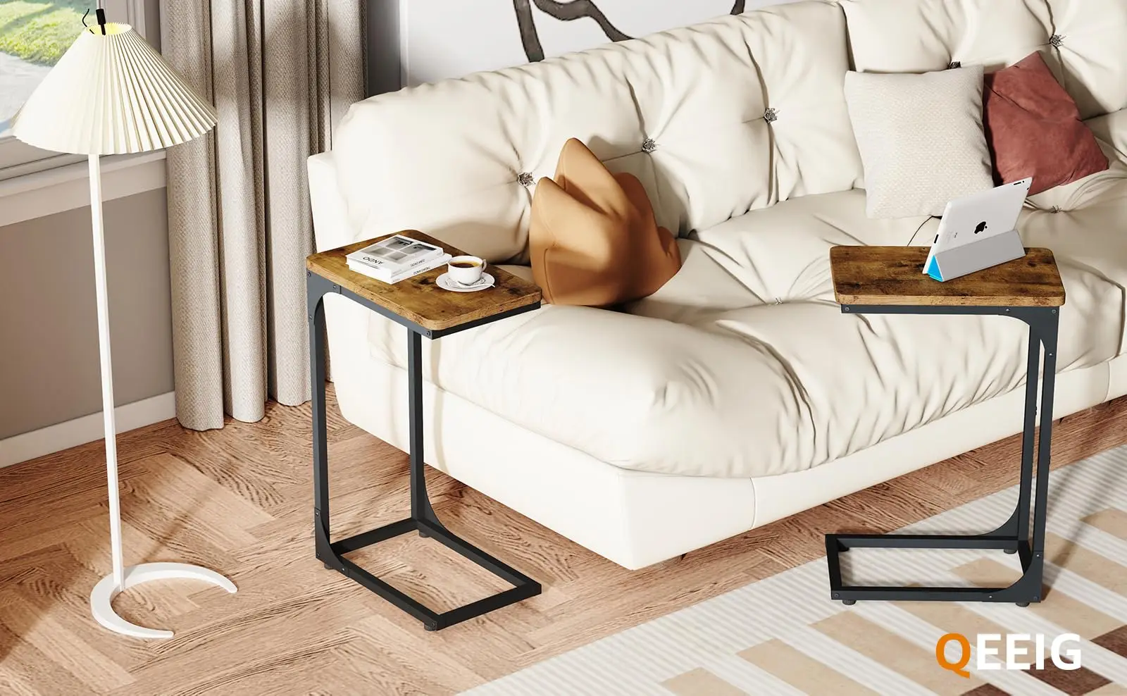 C Shaped Coffee Side Table Set of 2 Slim Couch Tray Tables Rustic Wood Grain and Black Metal table