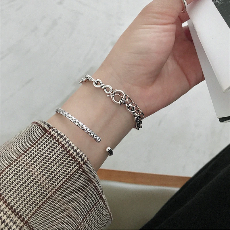 Korean 925 Sterling Silver Jewelry Bracelet Normcore Retro Antique Finish Personality Wild Link Chain