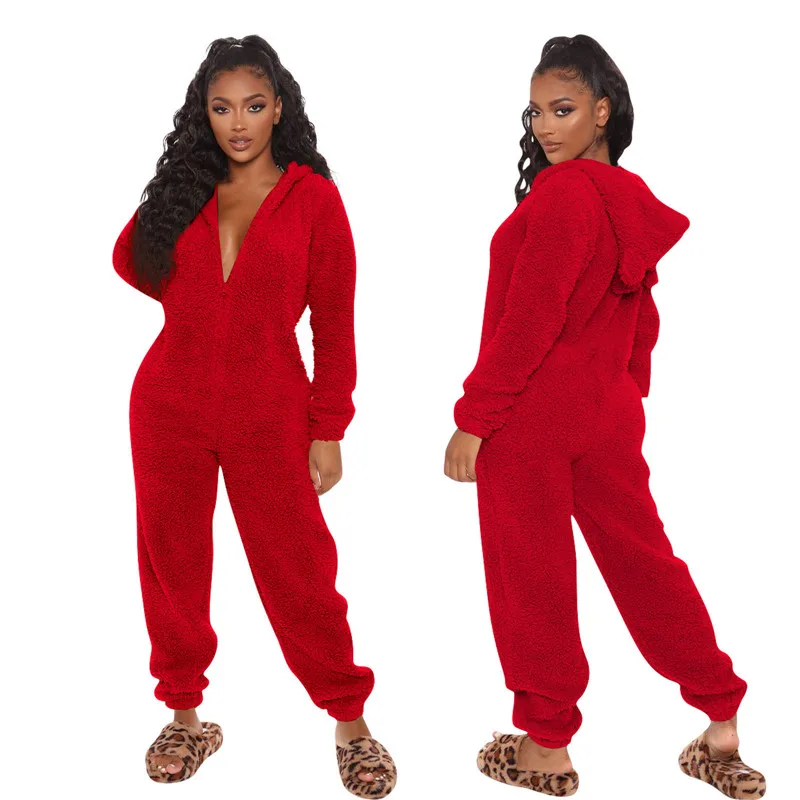 Casual Plush Homewear Long Sleeve Hooded Jumpsuits Women Cute Loungewear One Piece Zipper Pajamas Women Sleepwear