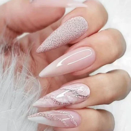 High Quality Luxury Diamond Elegant White French With Nude Color False Nails Extra Long False Nails Tipc Curve Elegant Design