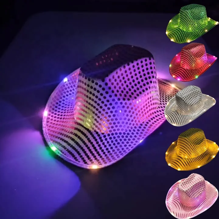 Wholesale fashion  unformed shiny jazz hat glitter holiday party design your own neon light up cowboy HAT girl for men SALE