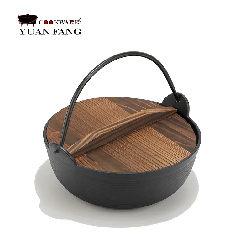 Wholesale 20/24/26/28CM Pre-Seasoned Japanese Cast Iron Sukiyaki Nabe Ramen Hot Pot with Wooden Lid