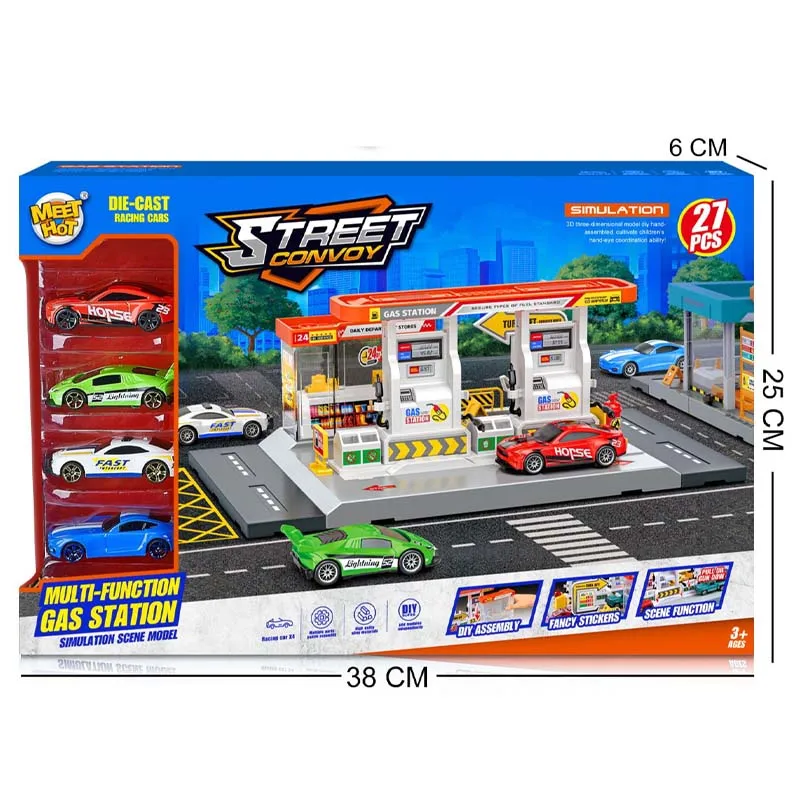Kids Petrol Station Toy Parking Lot Racing Cars City Gas Equipped with 4 Mini Alloy Car