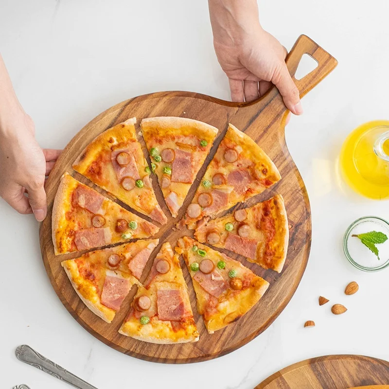 Wholesale Custom Acacia Wood round Pizza Tray Classic-Style Cheese Board with Engraving Sustainable Plate Dish for Parties