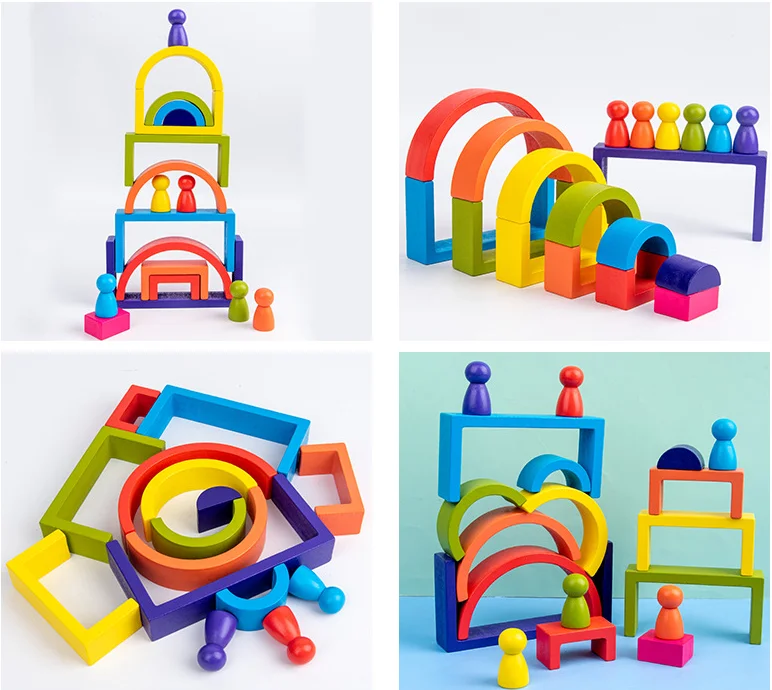New style Hot Sale Wooden Rainbow House Blocks Toy  Rainbow Tower Stacking Blocks Game Wooden Waldorf Blocks Toys for kids