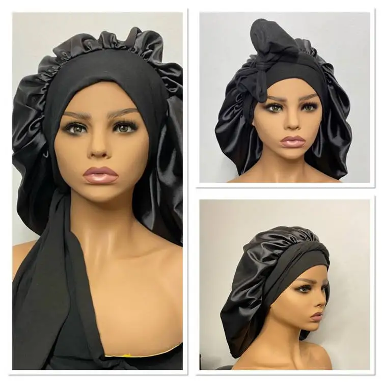
Hot selling custom logo satin silk bonnet with tie band 