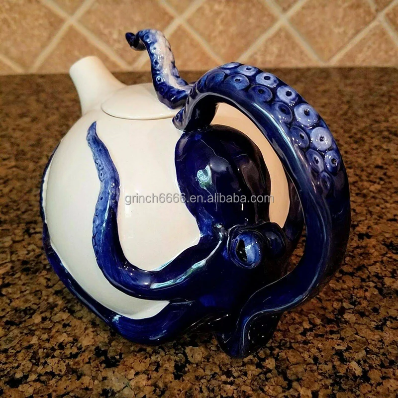 Custom Home tabletop decor Handmade Ceramic Octopus Teapot Blue Octopus On Teapot Ceramic Animal Coffee tea pot