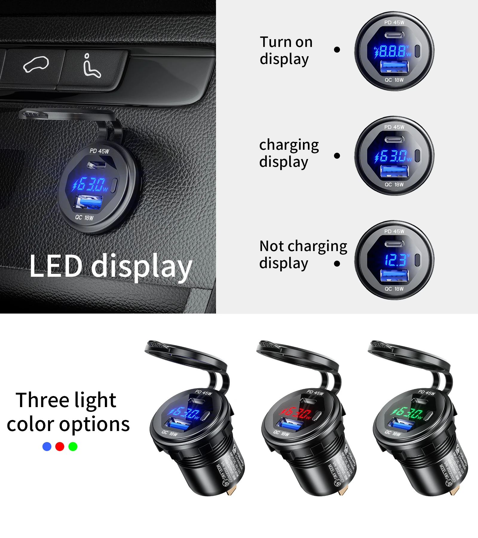 PD Type C USB Car Charger Socket and QC 3.0 Quick Charger 12V/24V Car Power Outlet Socket with ON/Off Switch