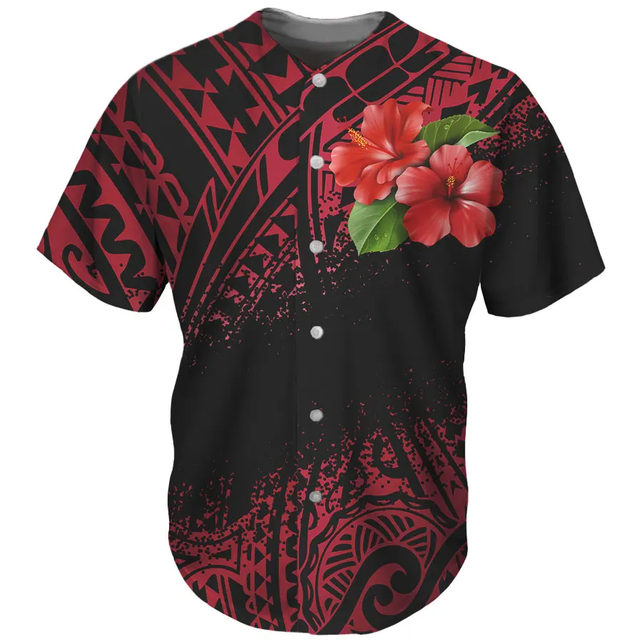Red geometric Mosaic flower print mens shirt Polynesian design button up baseball shirt