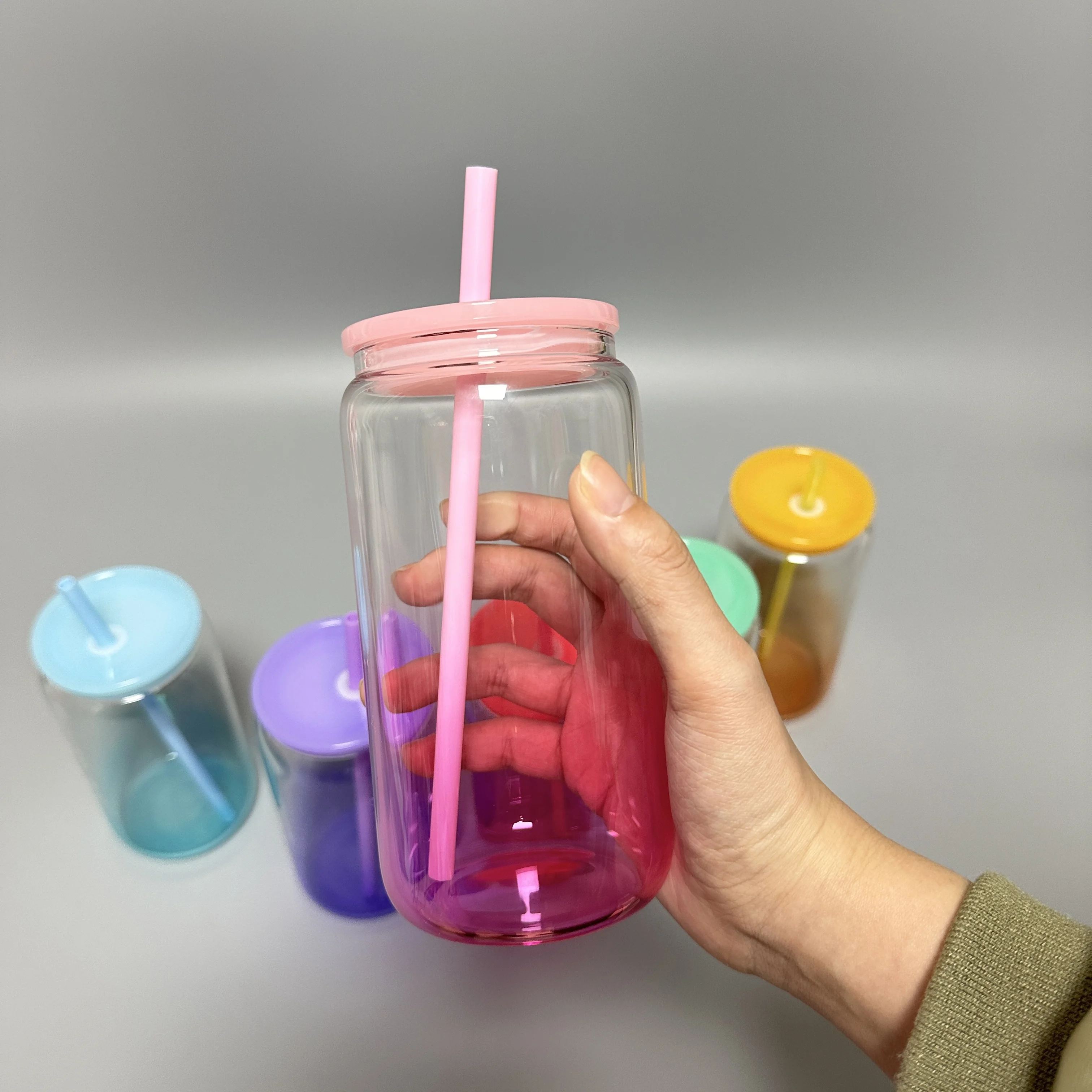 16oz Clear Glass Cans Sublimation Blanks Ombre Jelly Glass Tumblers With Colored Plastic Lids and Colored Straw