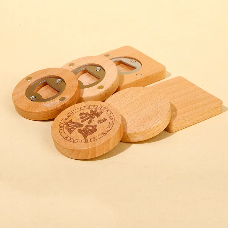 Wholesale Eco-friendly Wooden Bamboo Fridge Magnet Custom Beer Bottle Opener Portable Stainless Steel Magnetic Round Coaster