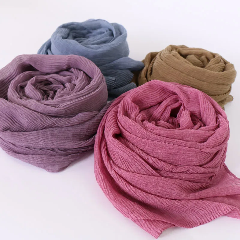 New Style Solid Color Plain Pleated Hijab Scarf Refreshing Breathable Voile Hijab for Women