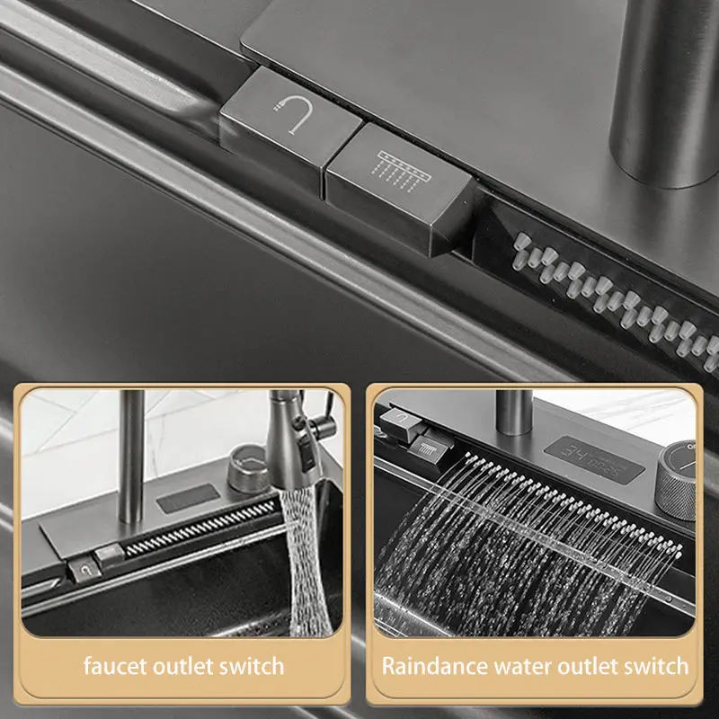 2023 Silver Premium Stainless Steel Sink 3mm Waterfall Faucet Sink Kitchen Cup Washer Large Single Slot