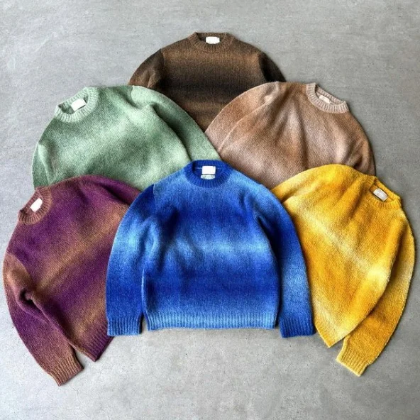 Factory wholesale oem&odm custom logo men multicolor space dyed gradient furry mohair knit sweater