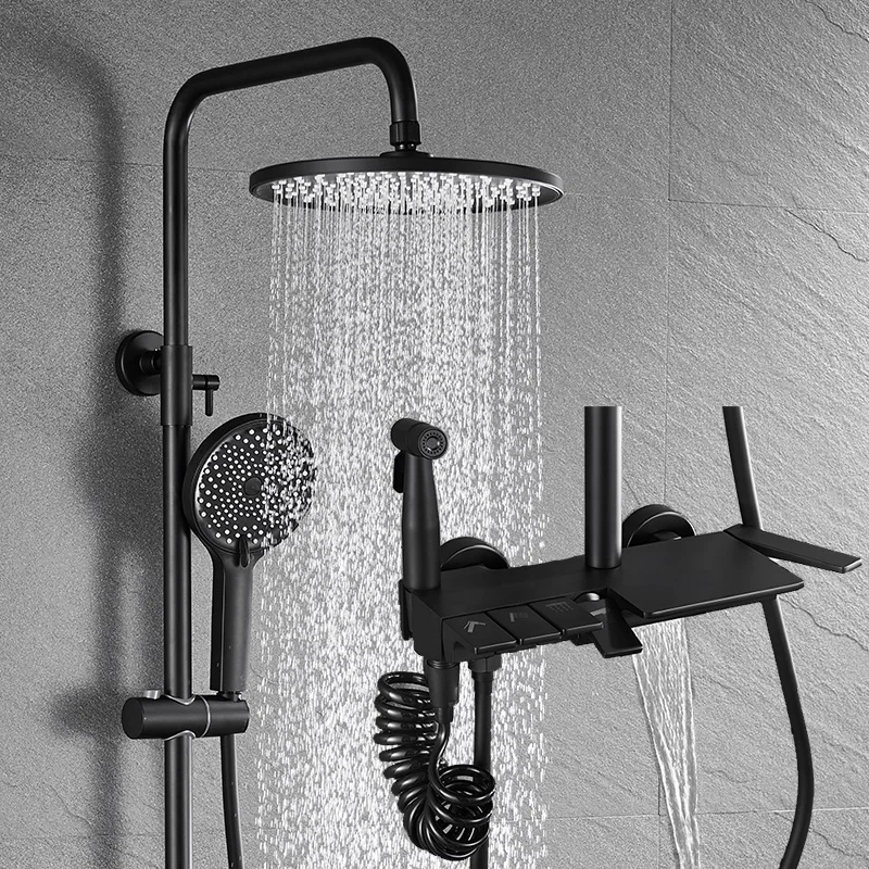 modern multifunction bathroom showers black brass Shower Mixer System Piano Round hot cold rainfall shower set  for home Hotel