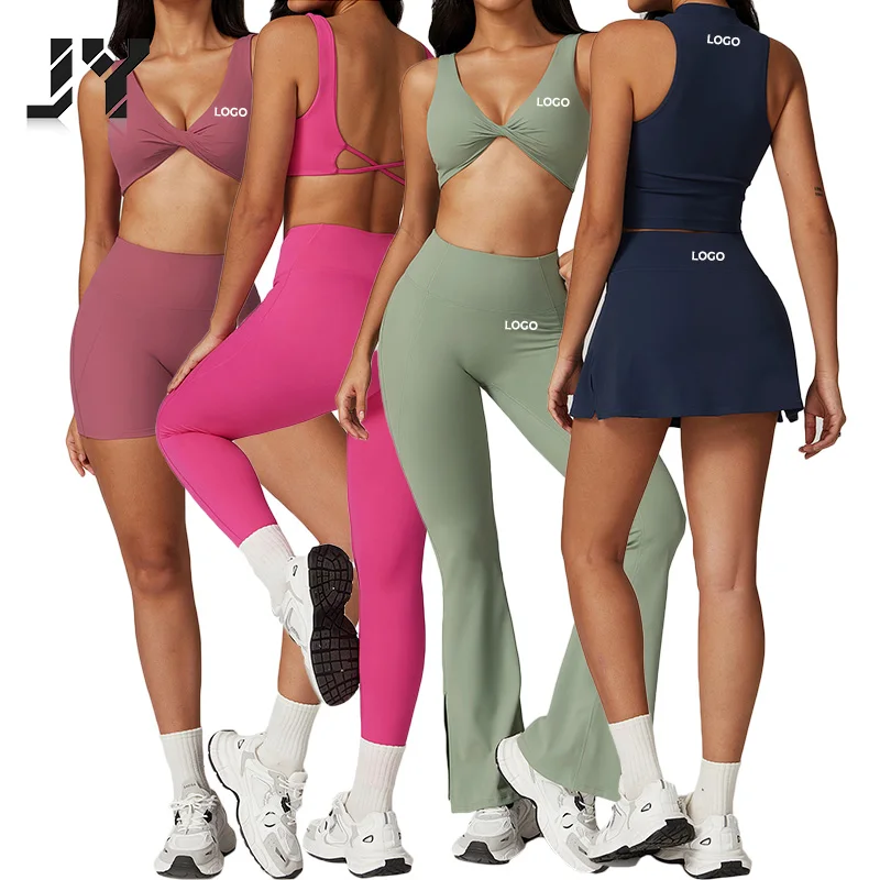 JY 2024 New Sports Fitness Gym Wear For Women Bra And Hip Flare Leggings 7 Pieces Yoga Set Workout Active Wear Sets
