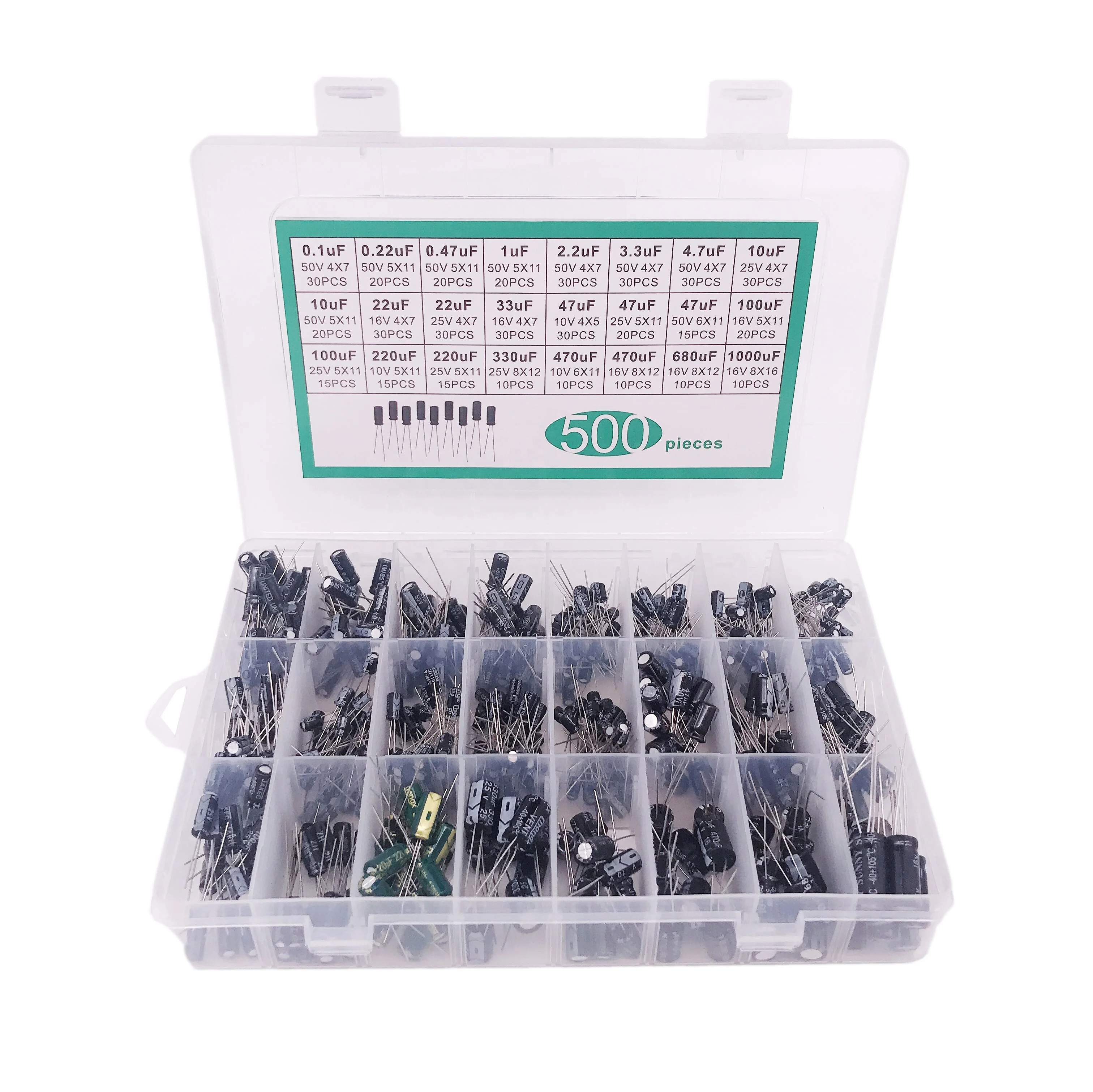 500Pcs/lot 0.1UF-1000UF 24Values 16-50V Mix Assorted storage Radial Leads Aluminum Electrolytic Capacitors