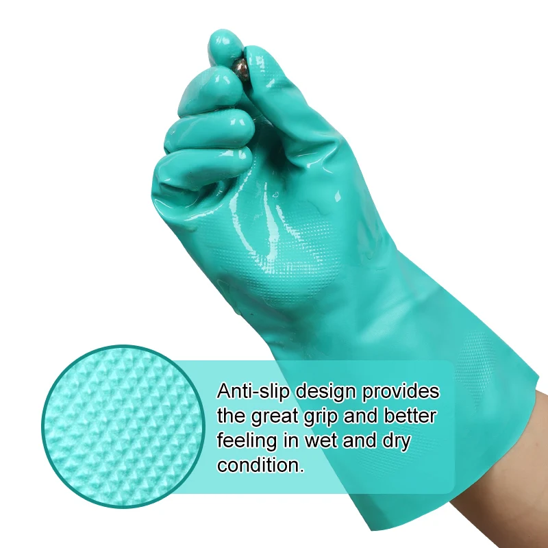 Reusable Super Flocklined Cleaning Green Mechanical Work Safety Hand Nitrile Chemical Resistant Garden Work Nitrile Gloves