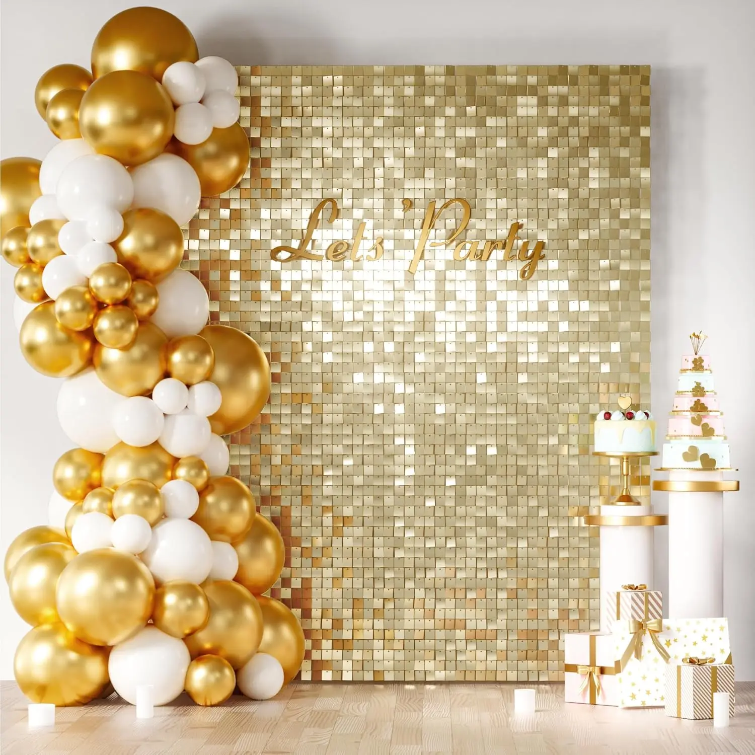 Light Gold Shimmer Wall 24 pcs Gold Sequins Backdrop Decoration Panels Photo Backdrops for Birthday Anniversary Decoration