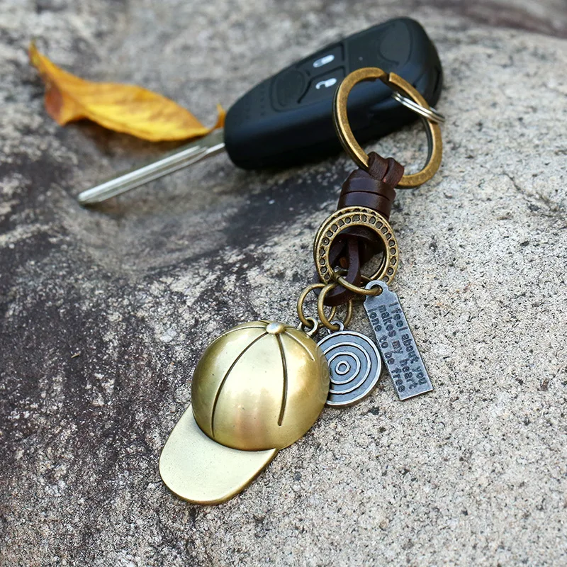K119 Punk Alloy Baseball Cap Keychain Leather Braided Hat Key Chain Door Car Key Tag Ring Gifts for Baseball Lover