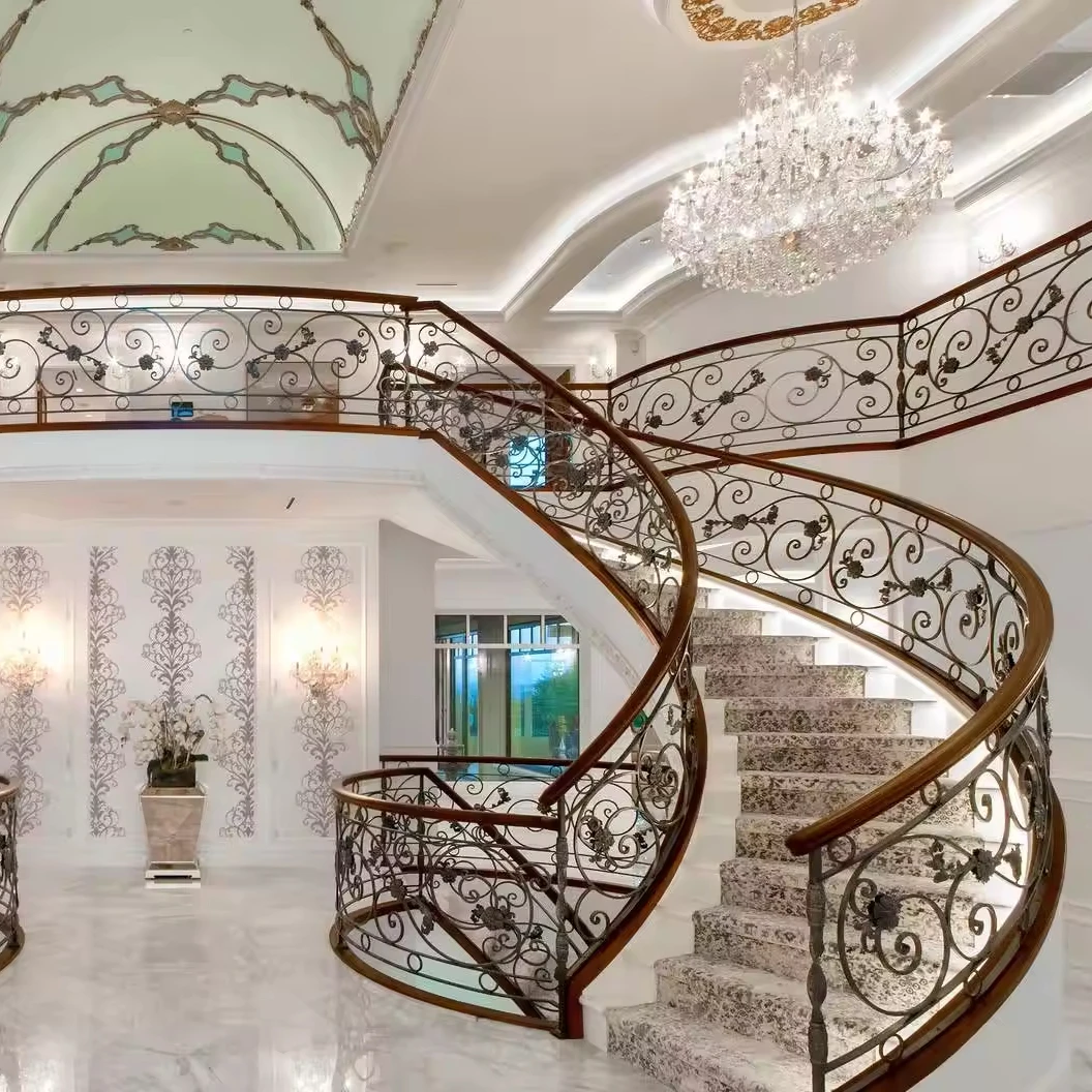 Luxury design curved stair marble/stone tread with wrought iron railing stairs from Foshan factory