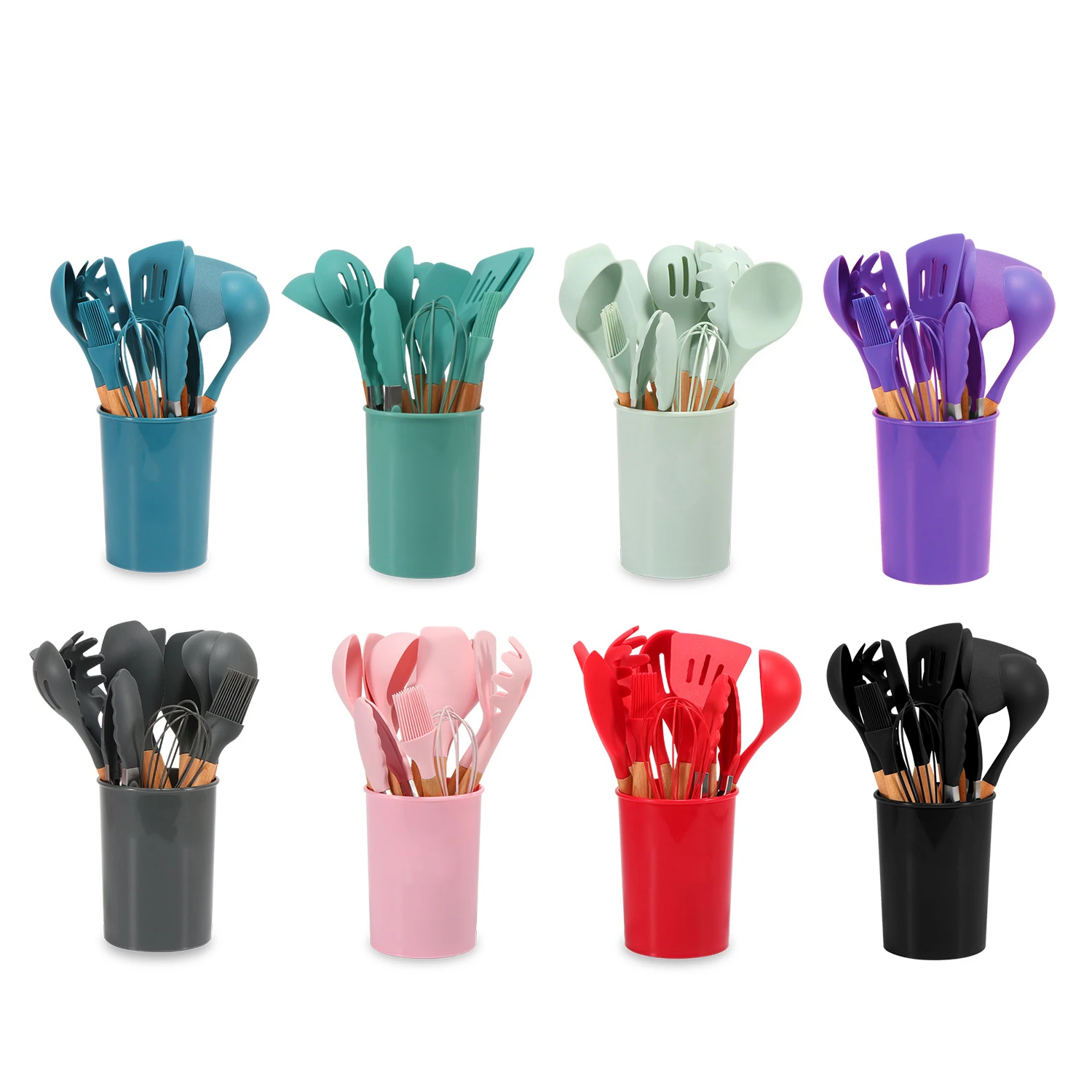 Amazon Hot Custom Logo Kitchenware Durable Wooden Handle 12 Inch Green Color Silicone Kitchen Utensil