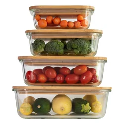 Kitchen Rectangle glass meal prep food storage container set lunch box lunchbox with bamboo wooden lid
