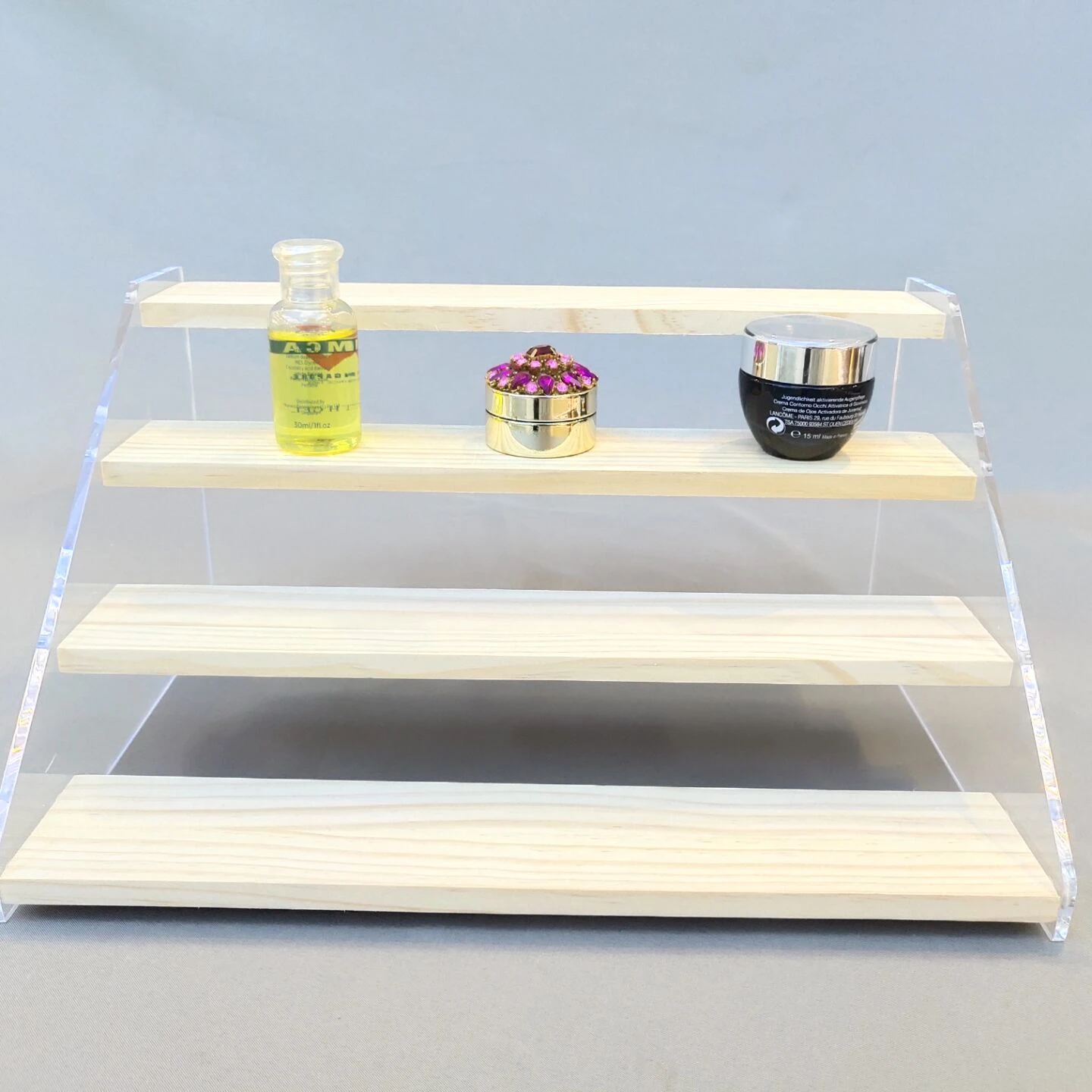 
Wholesale Custom 4-Step Clear Display Riser Wood Shelf for Displaying Pop Figures 