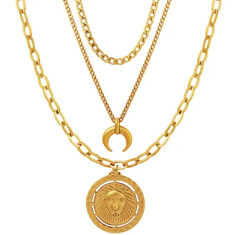 Hot Sales Hip Hop Triple Layered Necklace Moon Lion Round Plaque Pendant Titanium Steel 18K Gold Plated Jewelry