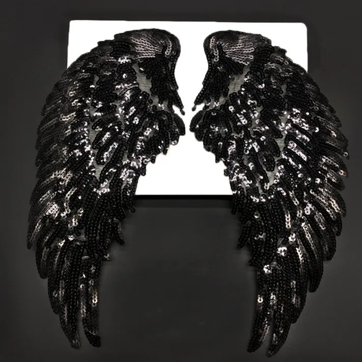 hot sale angel wings sequin embroidery patch with black gold silver colors