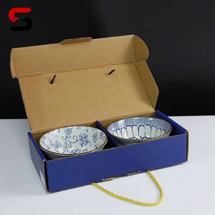 EGRAND White And Blue Decal Ceramic Bowl Stackable Soup Noodle Salad Bowls, Custom logo and Gift Box