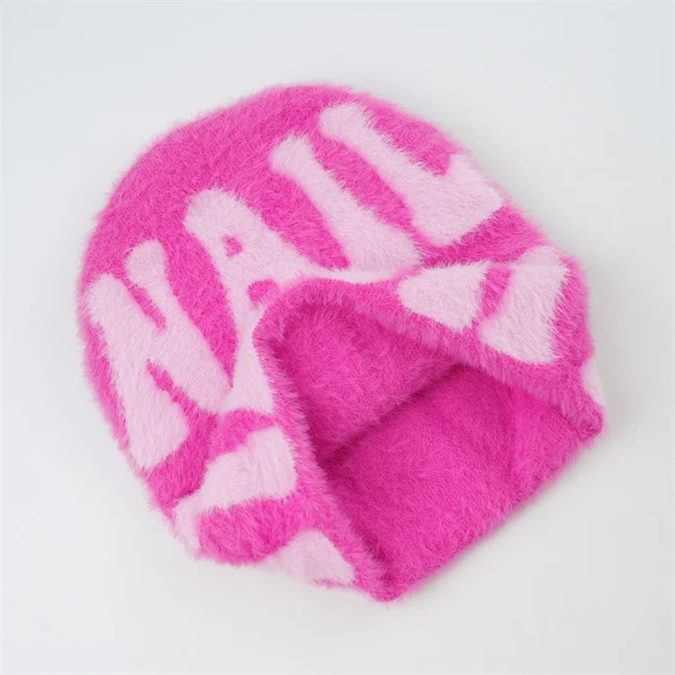 OEM Popular Style Unisex Girls Pink Colorful  mohair Winter Hats Custom Jacquard Toque Knit beanie