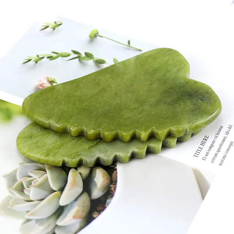 Green Jade Stone Scraping Massage Tool Irregular Heart-Shaped Guasha Board With Sawtooth