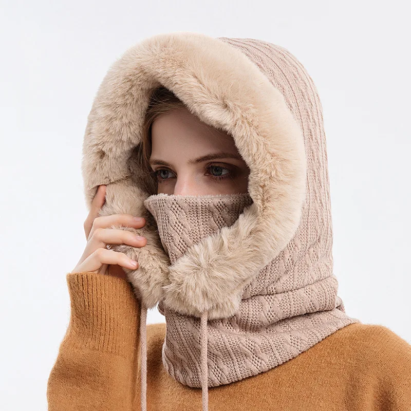 Solid Color Plush Edge Knitted Cap Women Winter Thickened Dual Use Mask Scarf Lady Outdoor Riding Warm Neck Protection Hat