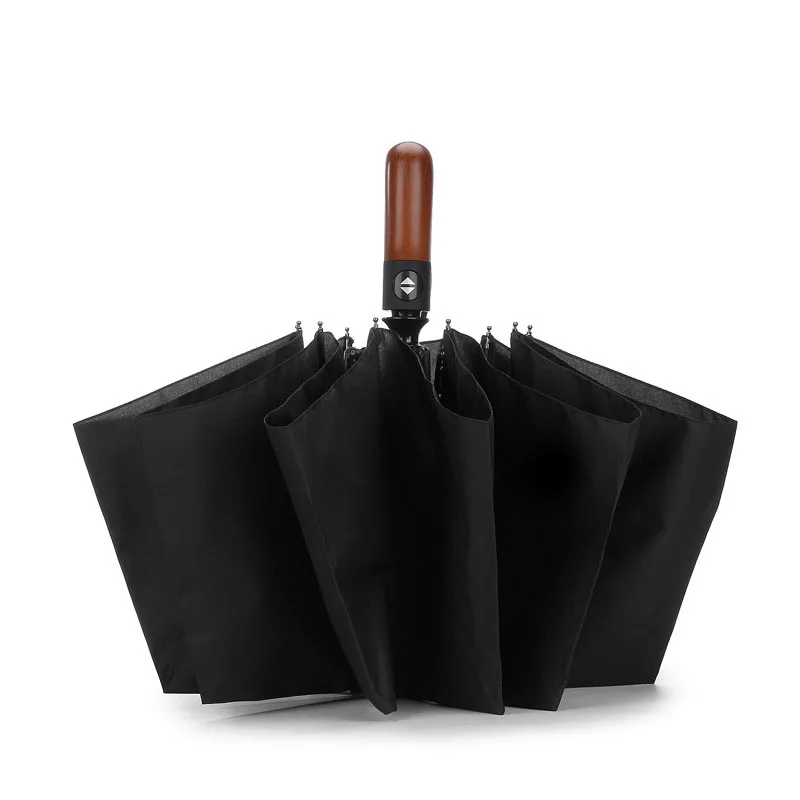 Strong Windproof Good Quality Sunscreen Support Custom Logo Printing Automatic Open 3 Fold Wooden Handle Umbrella