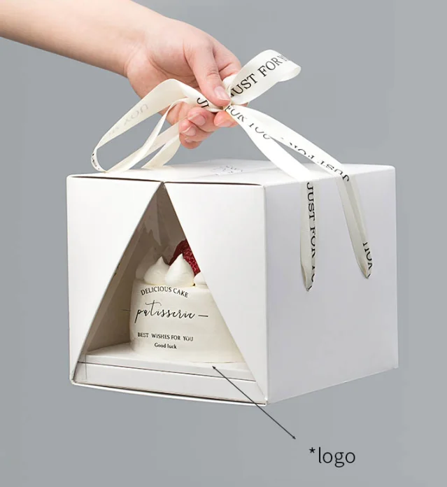 Luxury Front Clear Window Gift Box Custom Rigid Cardboard Baking Packaging Mini Cake Box With Ribbon Handle