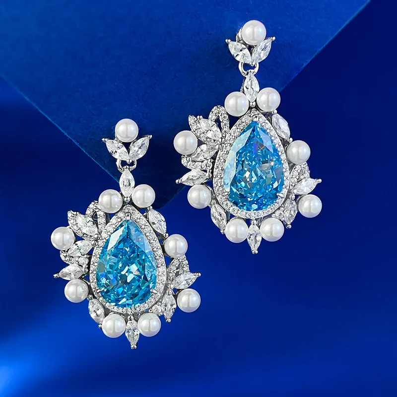 S925 Silver Earrings Pear Cut 8x12mm Sea Blue Zircon Inlaid Water Drop Versatile Boutique Fine Jewelry Earrings