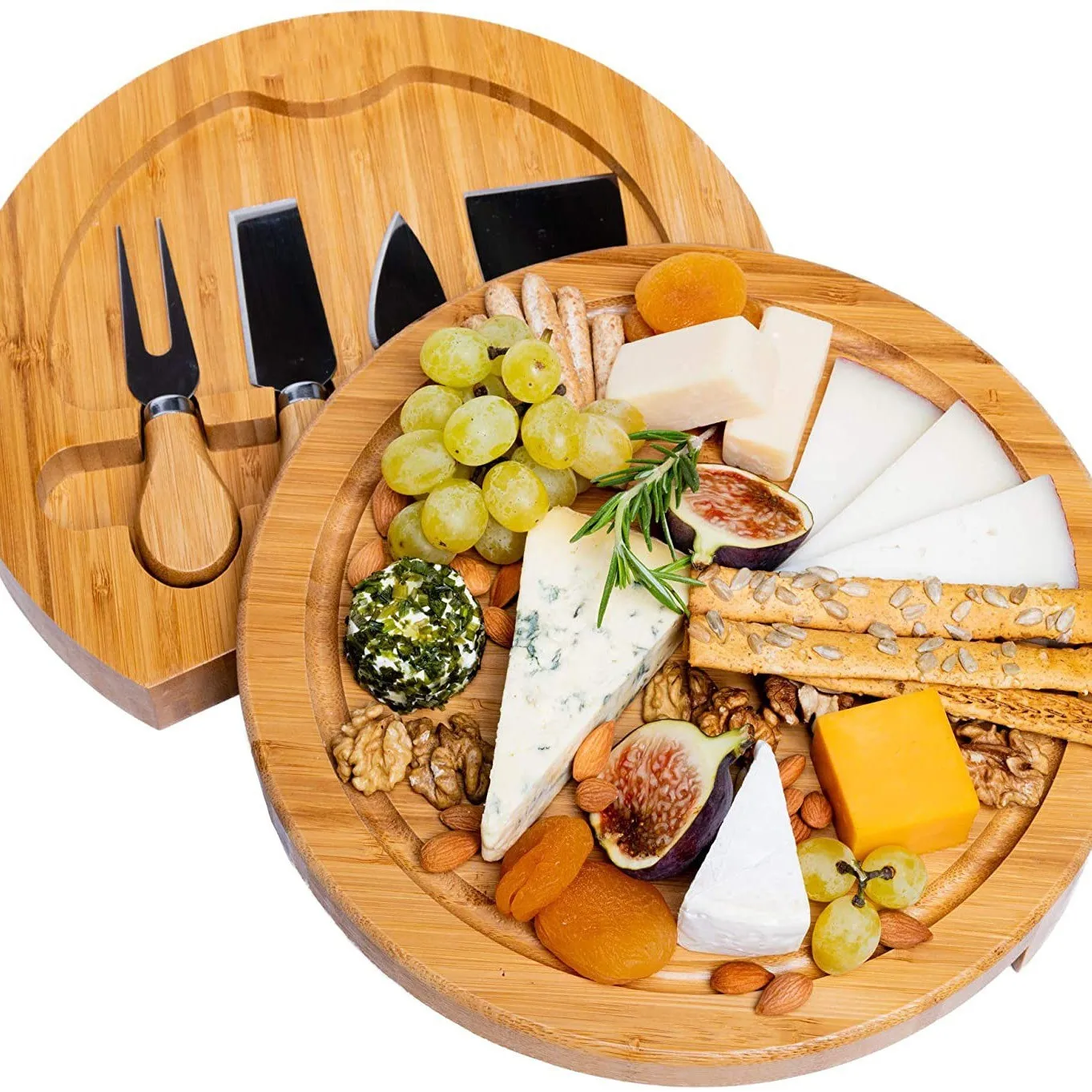 Bamboo round rotating cheese board set tableware storage knife and fork combination