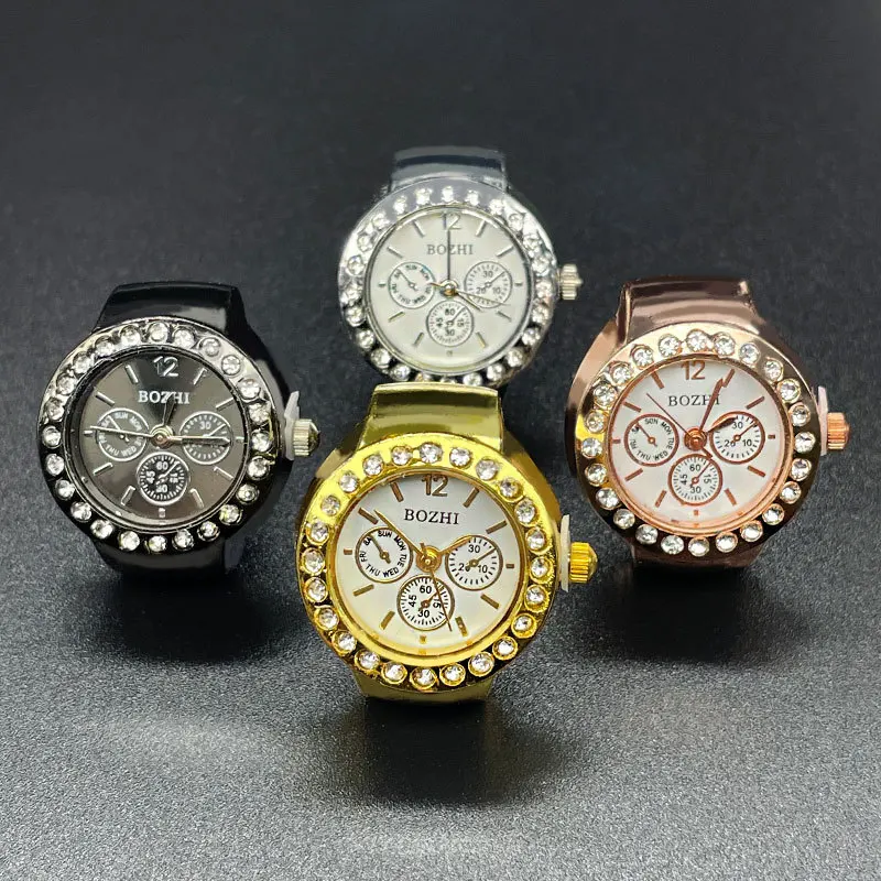 Custom logo Finger Watch Ring Dial Quartz Elastic Watchband Steel Mini Watches Ring With Extra Battery