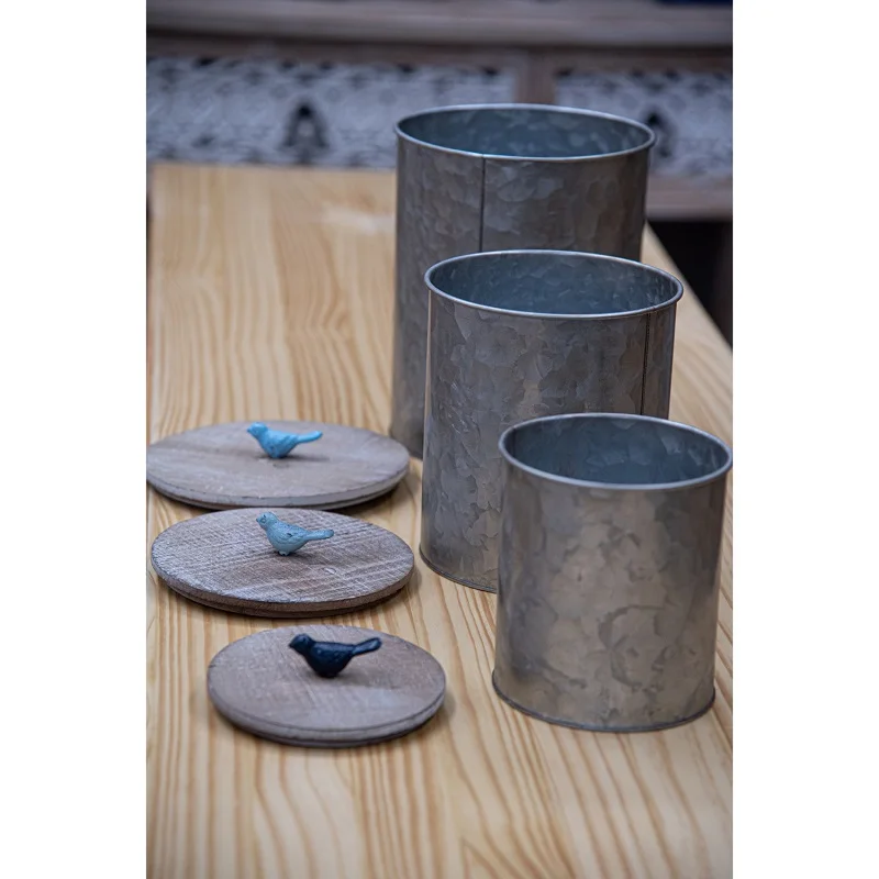 Rustic bird design wood lid round coffee tea sugar storage jar metal kitchen canister set of 3