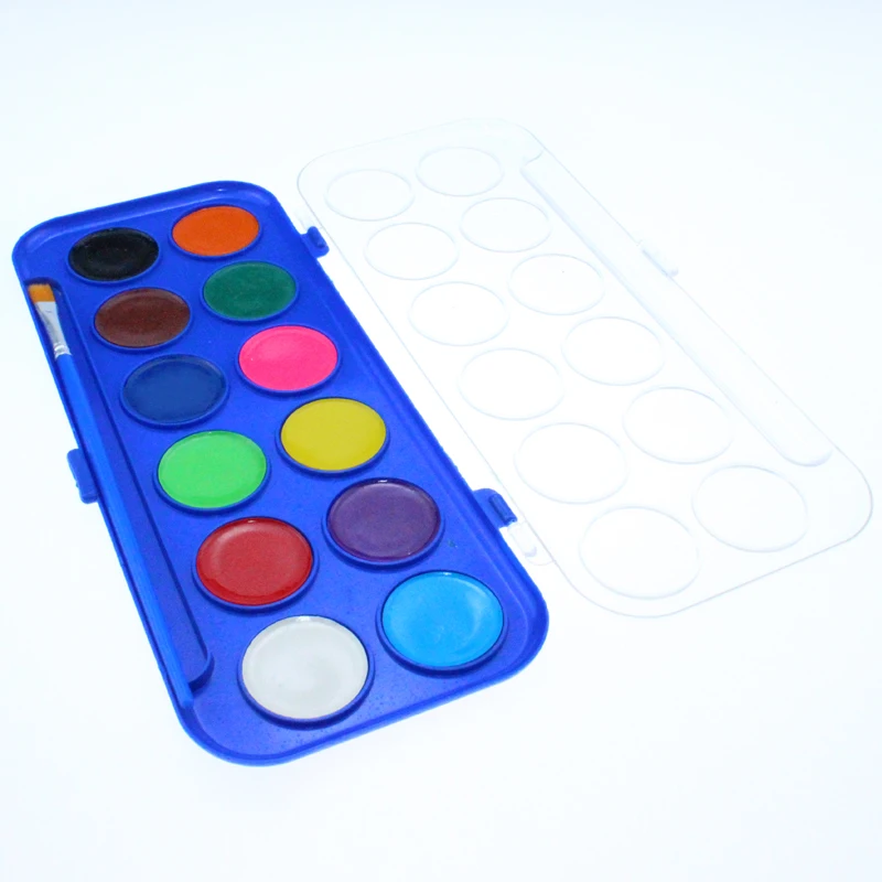  Бесплатный образец без токсичных белом корпусе 12 видов цветов Детские акварельные краски с кисточкой разноцветный набор твердых акварельных красок