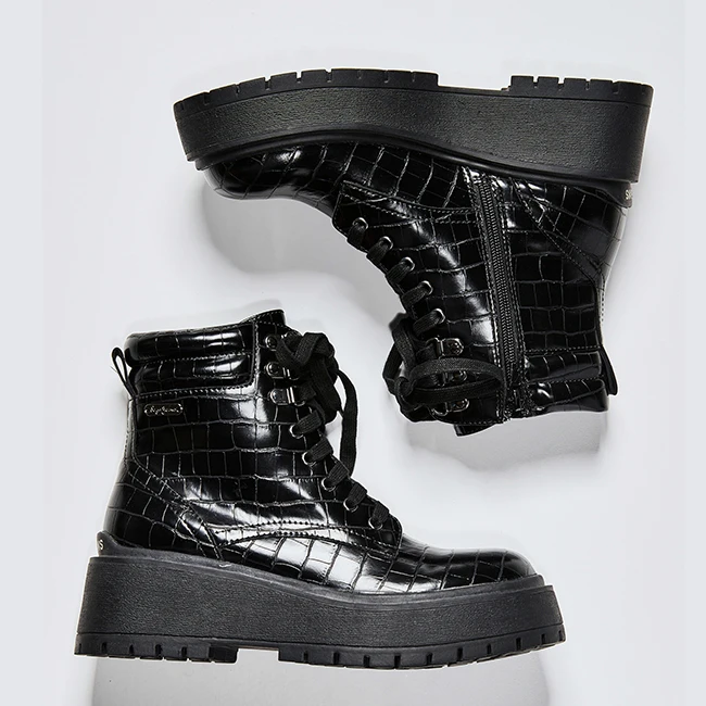 Customization Lace Up Zipper Up Round Toe Black Stone Texture Material Punk Style Women Chunky Platform Sole Combat Woman Boots