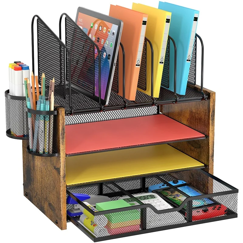 4-Tier Mesh Desk Organizer Wooden Desk File Organizer with 5 Vertical File Holders and 2 Pen Holders Desk Organizers